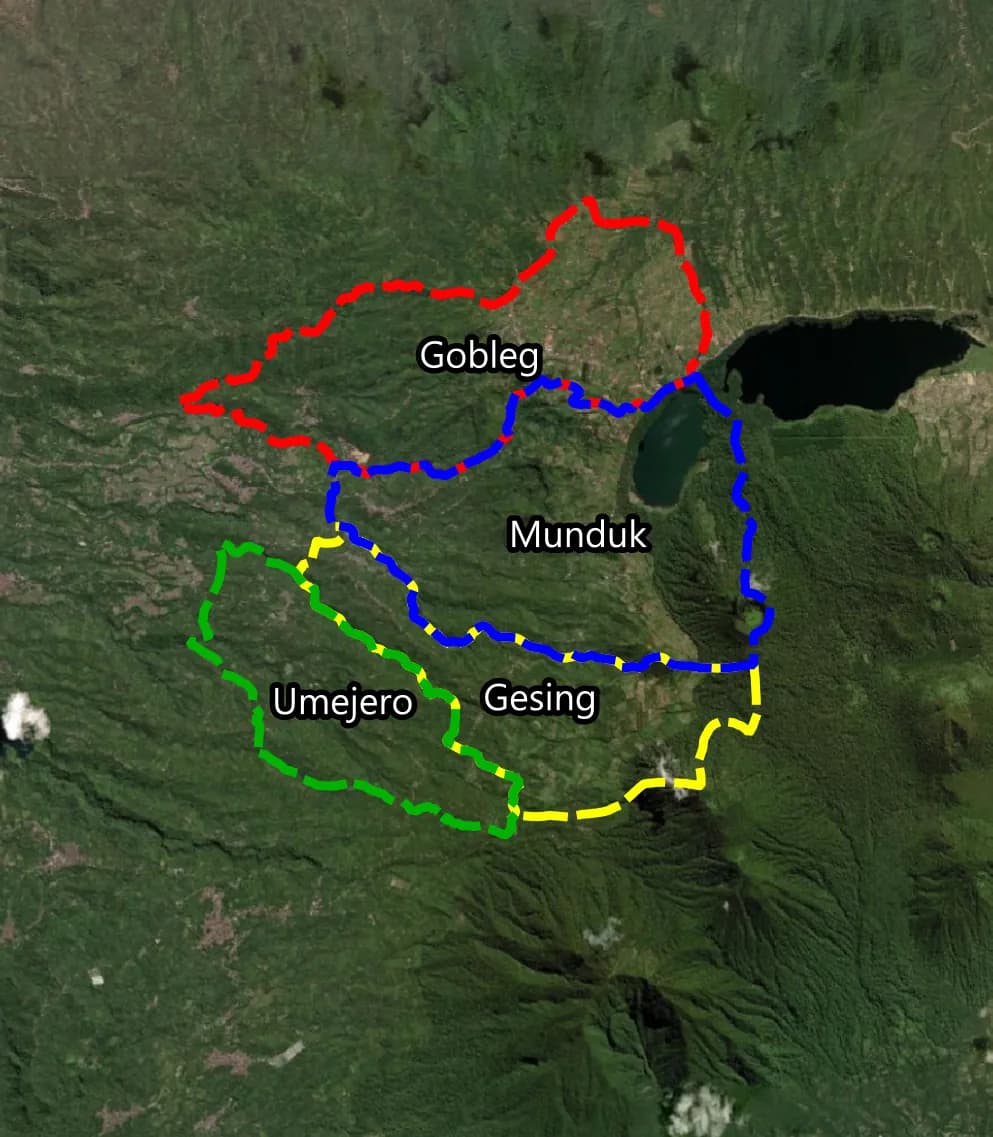 Peta satelit Catur Desa — Gobleg, Munduk, Umejero, dan Gesing — di sekitar Danau Tamblingan